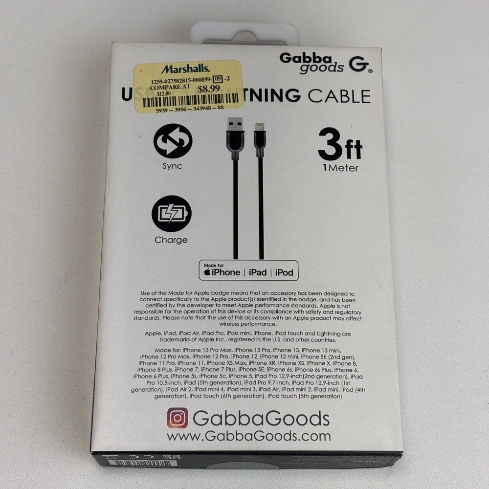 Gabba Goods Lightning to USB Cable 3ft Black Braided Rapid Charge Sync